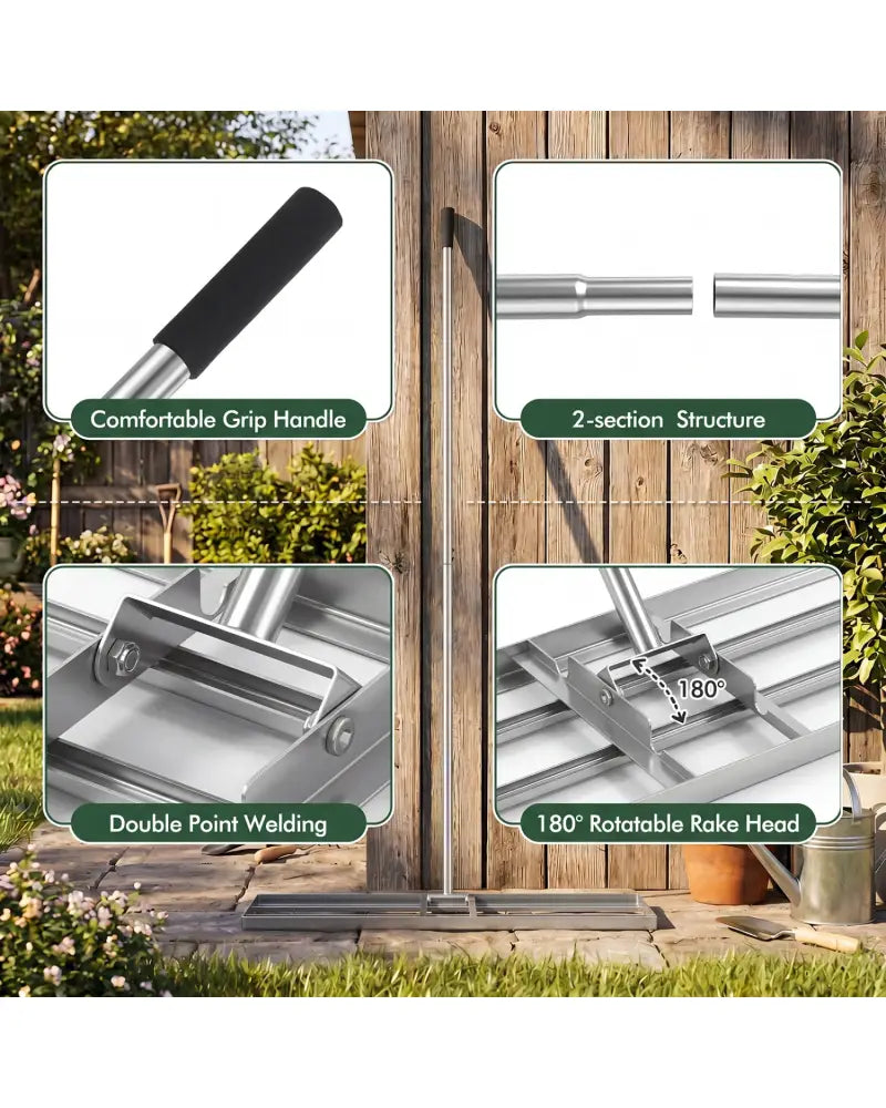 36 x 10 Inch Lawn Leveling Rake with Ergonomic Handle-Silver - Silver - Lawn Care Tools
