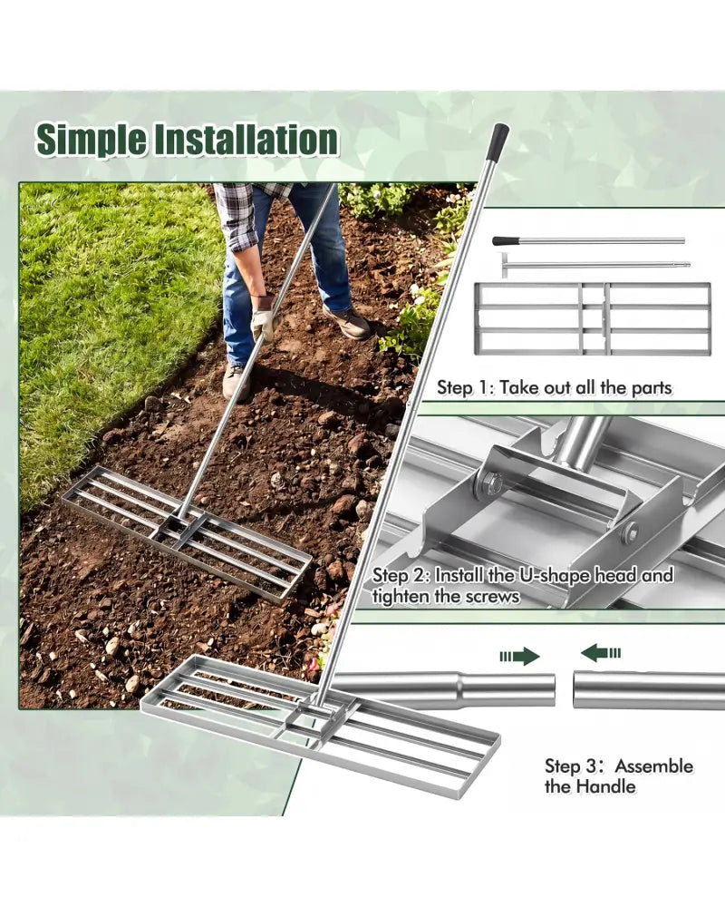 36 x 10 Inch Lawn Leveling Rake with Ergonomic Handle-Silver - Silver - Lawn Care Tools