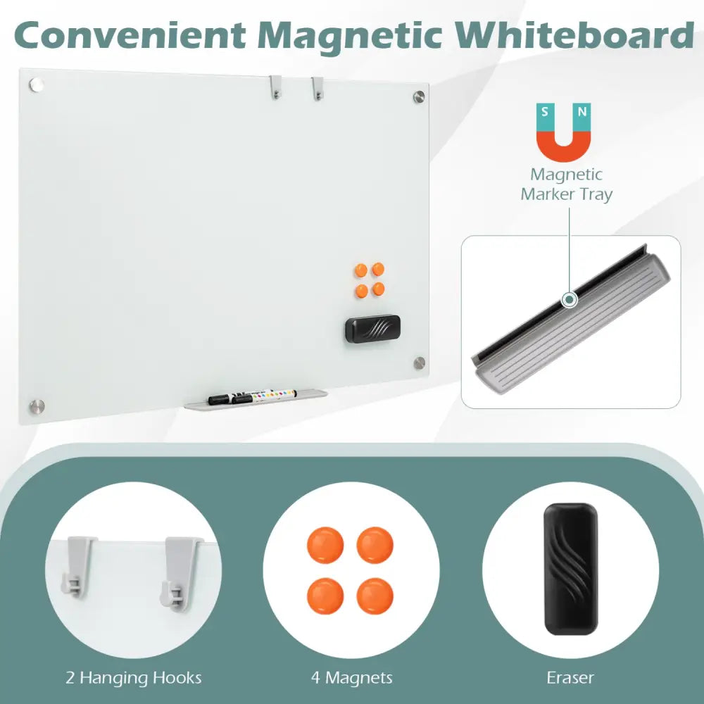 36 x 24 Inches Glass Whiteboard with Eraser and Removable Tray - Home Office