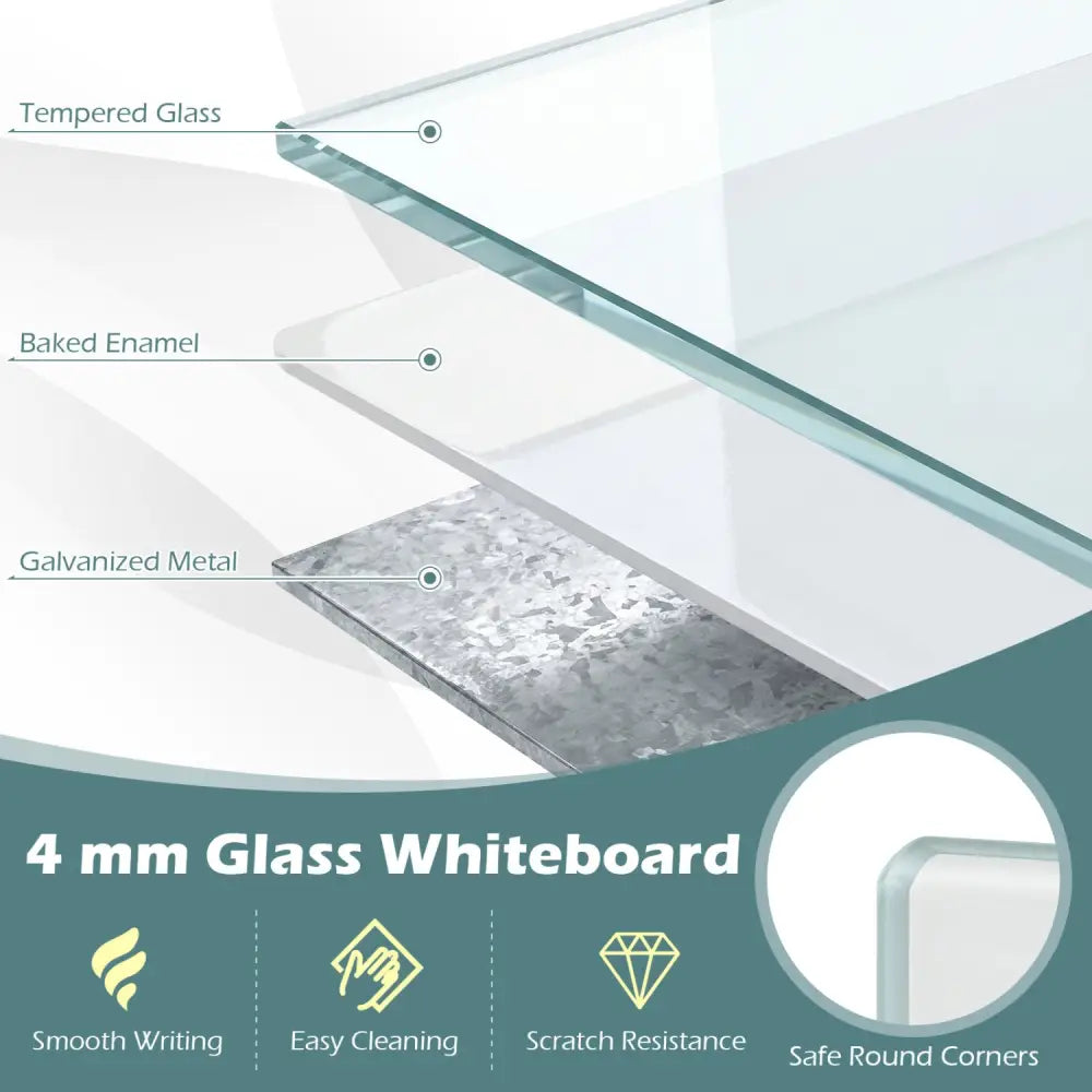36 x 24 Inches Glass Whiteboard with Eraser and Removable Tray - Home Office