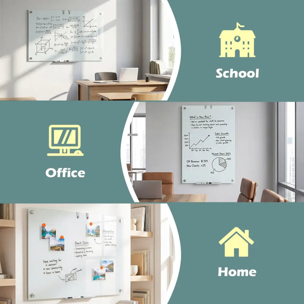 36 x 24 Inches Glass Whiteboard with Eraser and Removable Tray - Home Office