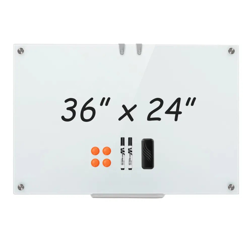 36 x 24 Inches Glass Whiteboard with Eraser and Removable Tray - Home Office