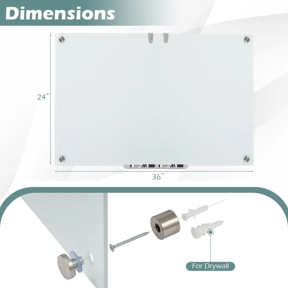 36 x 24 Inches Glass Whiteboard with Eraser and Removable Tray - Home Office