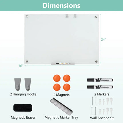 36 x 24 Inches Glass Whiteboard with Eraser and Removable Tray Costway