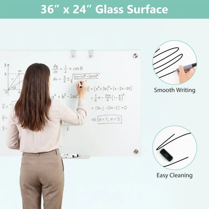 36 x 24 Inches Glass Whiteboard with Eraser and Removable Tray Costway