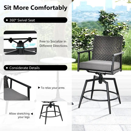360 Degree Swivel Bar Stool Set of 2 with Metal Frame and PE Rattan Backrest-Black - Black - Patio Bar Furniture