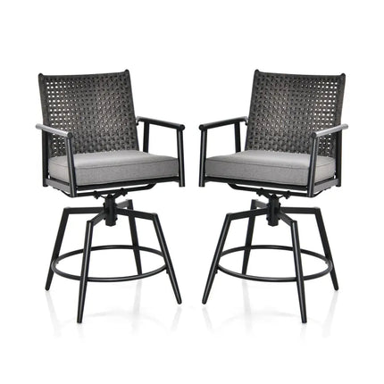 360 Degree Swivel Bar Stool Set of 2 with Metal Frame and PE Rattan Backrest-Black - Black - Patio Bar Furniture