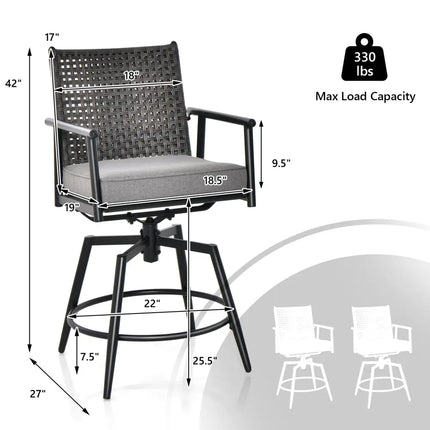 360 Degree Swivel Bar Stool Set of 2 with Metal Frame and PE Rattan Backrest-Black - Black - Patio Bar Furniture