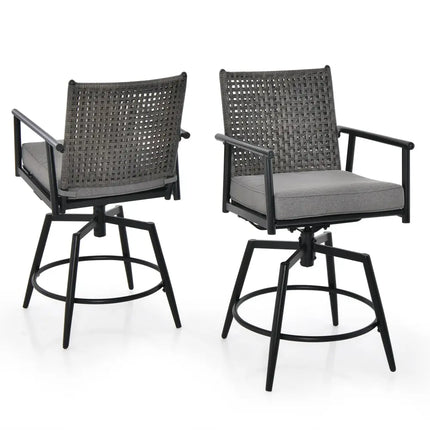 360 Degree Swivel Bar Stool Set of 2 with Metal Frame and PE Rattan Backrest-Black - Black - Patio Bar Furniture