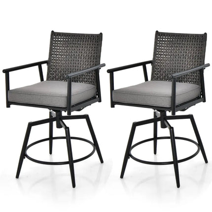 360 Degree Swivel Bar Stool Set of 2 with Metal Frame and PE Rattan Backrest-Black - Black - Patio Bar Furniture