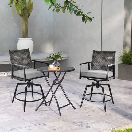360 Degree Swivel Bar Stool Set of 2 with Metal Frame and PE Rattan Backrest-Black - Black - Patio Bar Furniture
