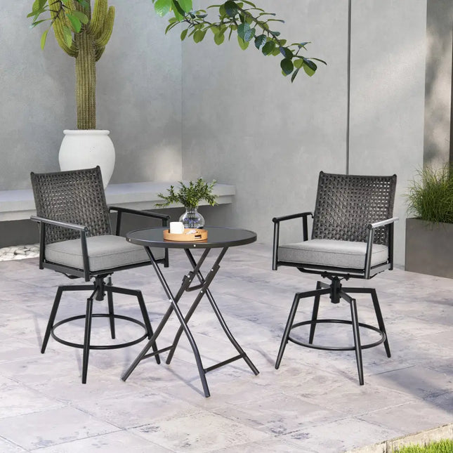 360 Degree Swivel Bar Stool Set of 2 with Metal Frame and PE Rattan Backrest-Black - Black - Patio Bar Furniture