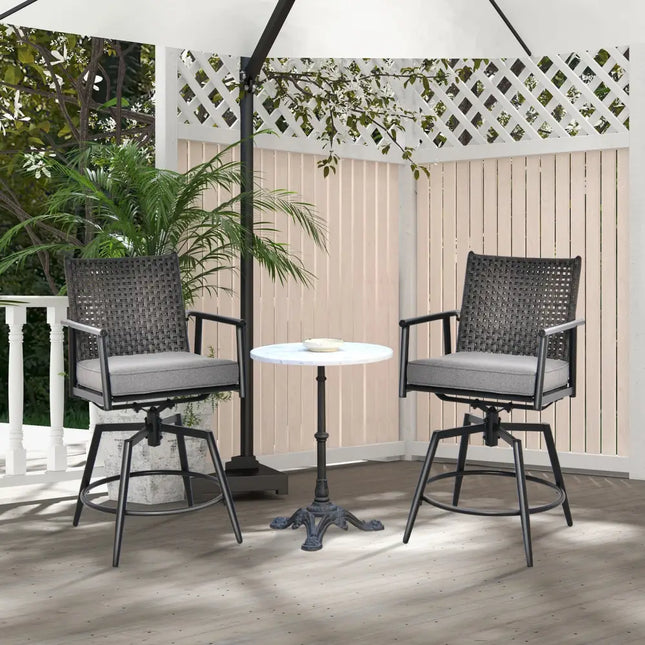 360 Degree Swivel Bar Stool Set of 2 with Metal Frame and PE Rattan Backrest-Black - Black - Patio Bar Furniture