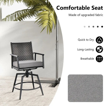 360 Degree Swivel Bar Stool Set of 2 with Metal Frame and PE Rattan Backrest-Black - Black - Patio Bar Furniture