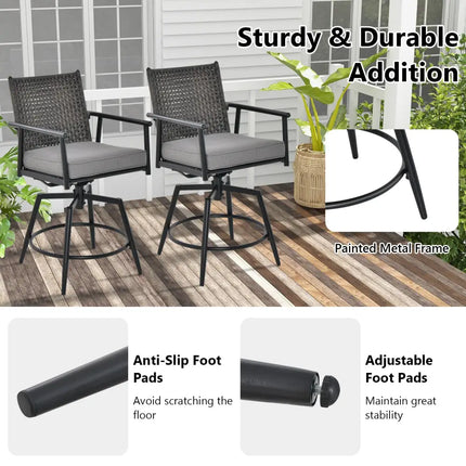 360 Degree Swivel Bar Stool Set of 2 with Metal Frame and PE Rattan Backrest-Black - Black - Patio Bar Furniture