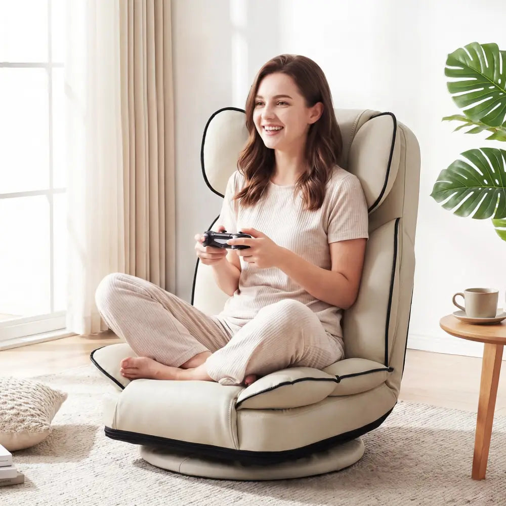 360 Degree Swivel Floor Gaming Chair with 6-Position Adjustable Backrest and Sponge Filling-Beige - Beige - Floor Chairs