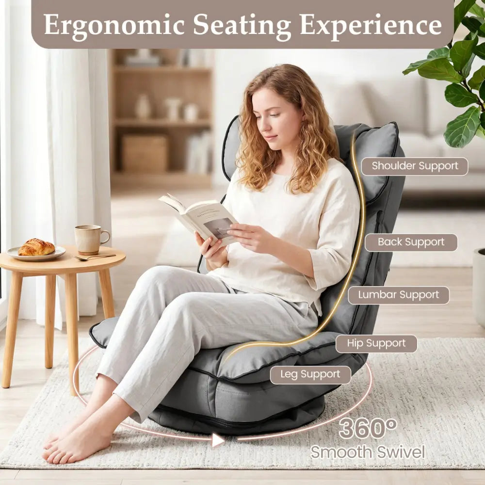 360 Degree Swivel Floor Gaming Chair with 6-Position Adjustable Backrest and Sponge Filling-Gray - Gray - Floor Chairs
