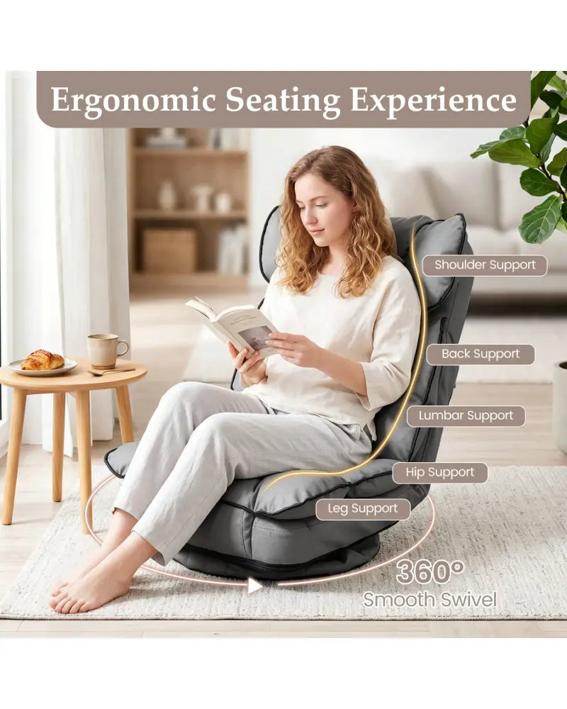 360 Degree Swivel Floor Gaming Chair with 6-Position Adjustable Backrest and Sponge Filling-Gray - Gray - Floor Chairs