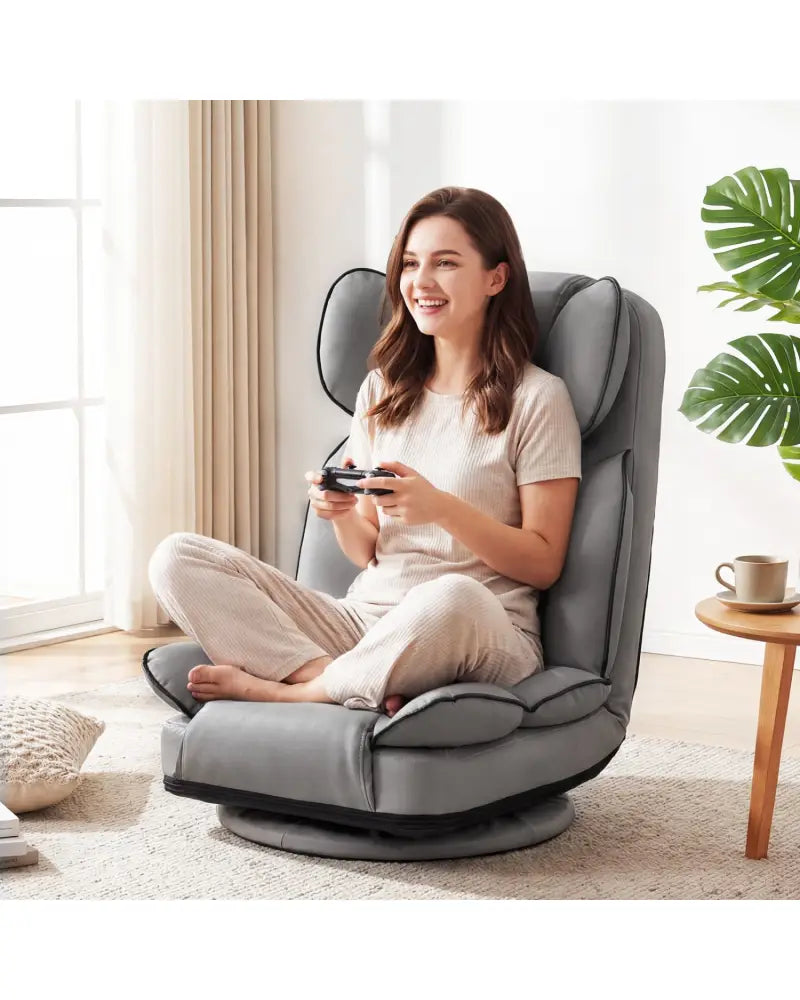 360 Degree Swivel Floor Gaming Chair with 6-Position Adjustable Backrest and Sponge Filling-Gray - Gray - Floor Chairs