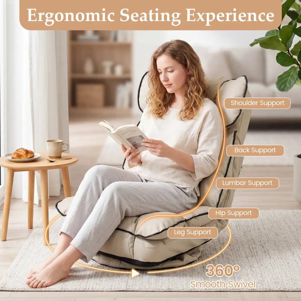 360 Degree Swivel Floor Gaming Chair with 6-Position Adjustable Backrest and Sponge Filling-Beige - Beige - Floor Chairs