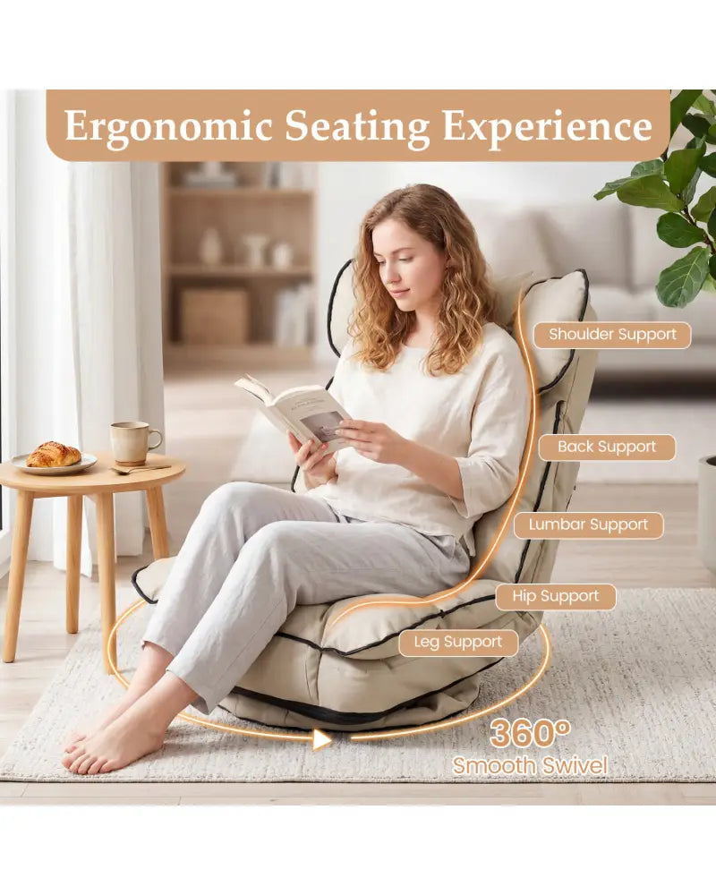 360 Degree Swivel Floor Gaming Chair with 6-Position Adjustable Backrest and Sponge Filling-Beige - Beige - Floor Chairs