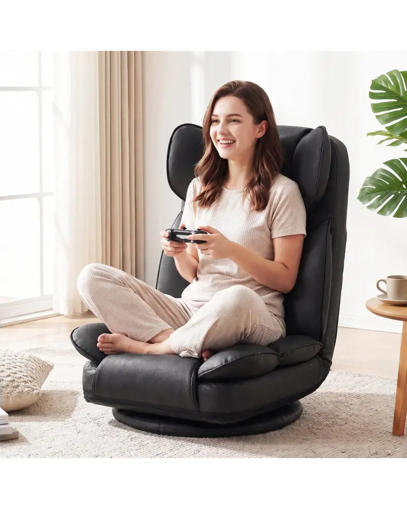 360 Degree Swivel Floor Gaming Chair with 6-Position Adjustable Backrest and Sponge Filling-Black - Black - Floor Chairs