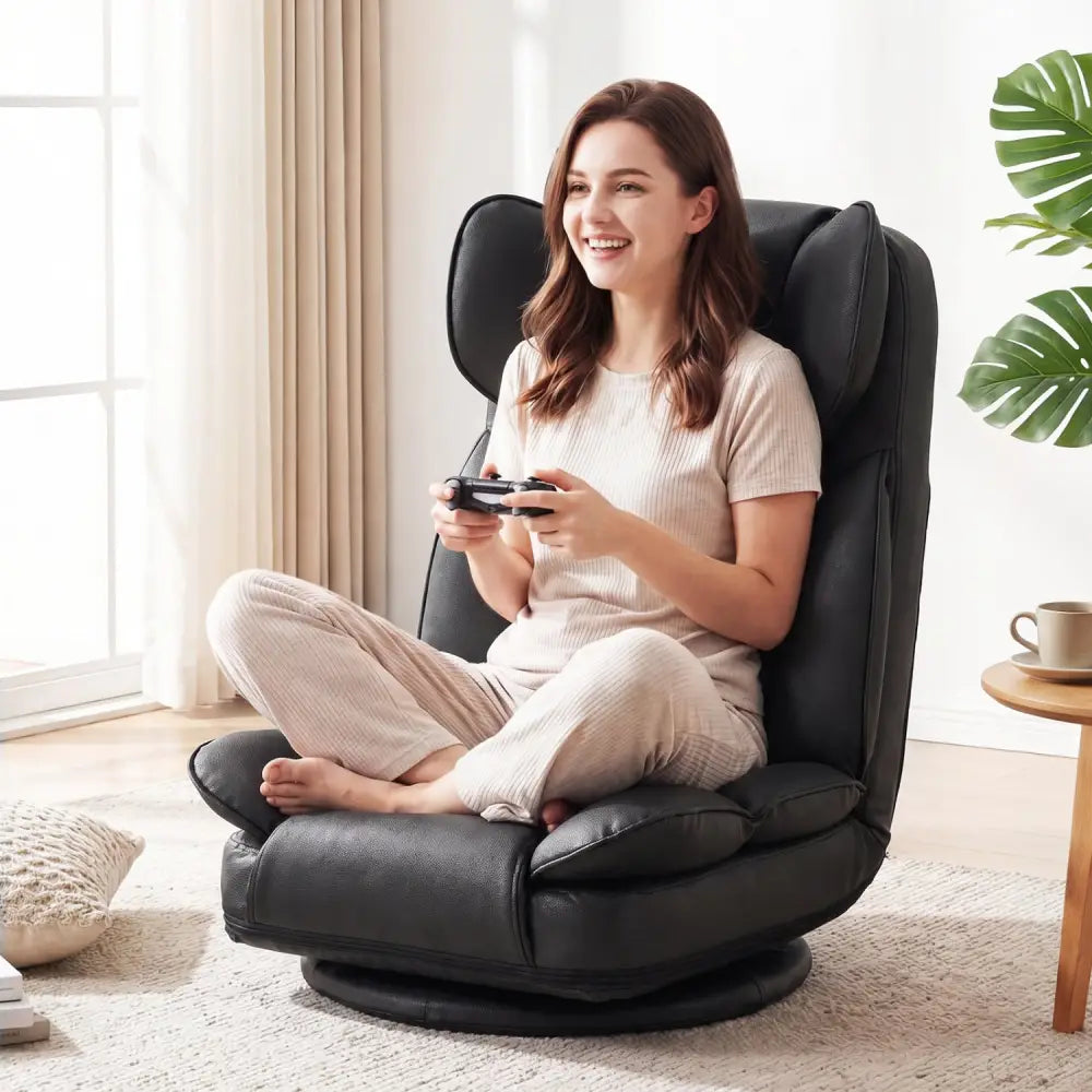 360 Degree Swivel Floor Gaming Chair with 6-Position Adjustable Backrest and Sponge Filling-Black - Black - Floor Chairs