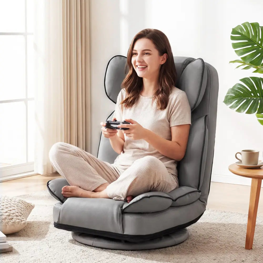 360 Degree Swivel Floor Gaming Chair with 6-Position Adjustable Backrest and Sponge Filling-Gray - Gray - Floor Chairs
