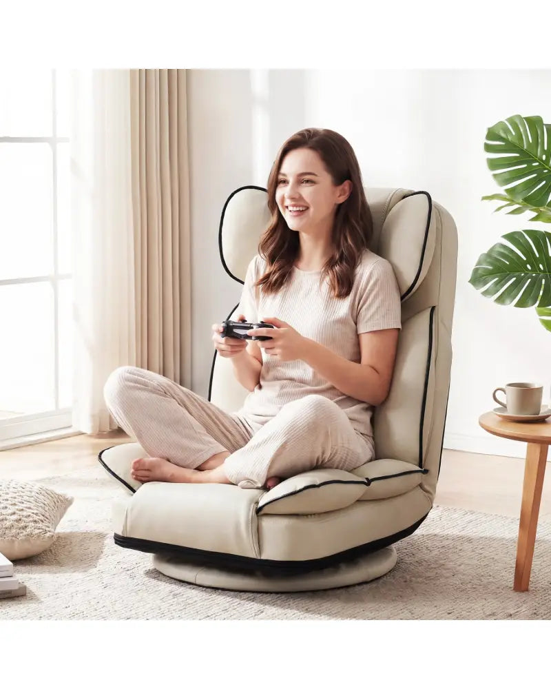 360 Degree Swivel Floor Gaming Chair with 6-Position Adjustable Backrest and Sponge Filling-Beige - Beige - Floor Chairs
