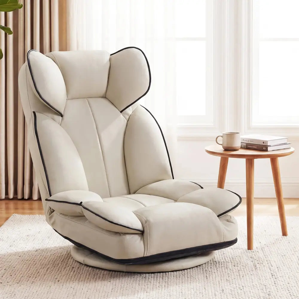360 Degree Swivel Floor Gaming Chair with 6-Position Adjustable Backrest and Sponge Filling-Beige - Beige - Floor Chairs