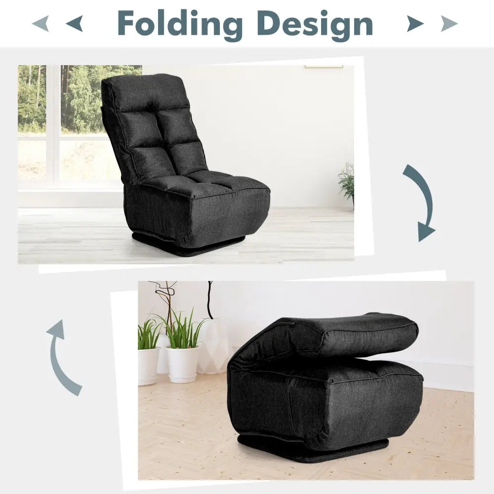 360-Degree Swivel Folding Floor Chair with 6 Adjustable Positions-Black - Black - Floor Chairs