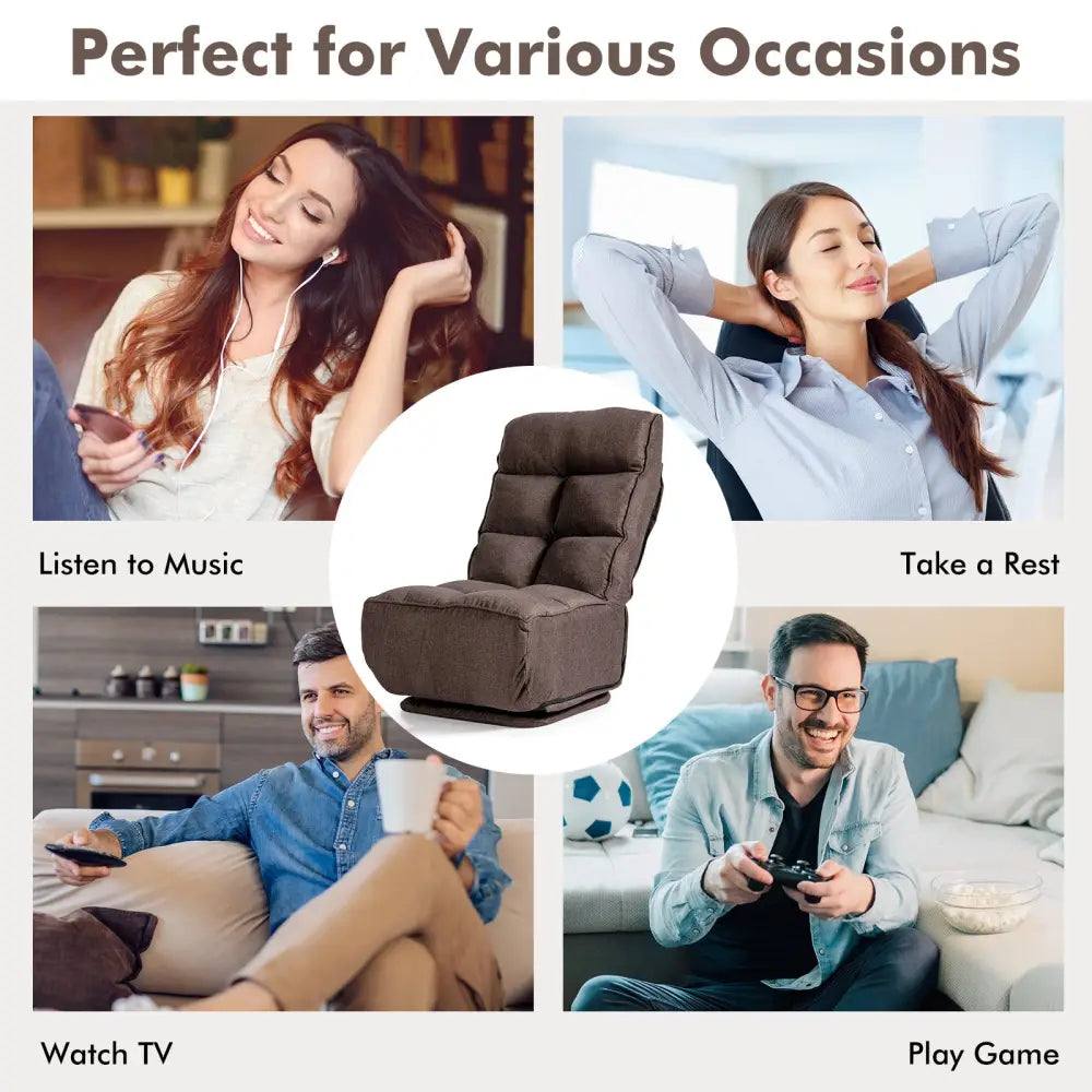360-Degree Swivel Folding Floor Chair with 6 Adjustable Positions-Coffee - Brown - Floor Chairs