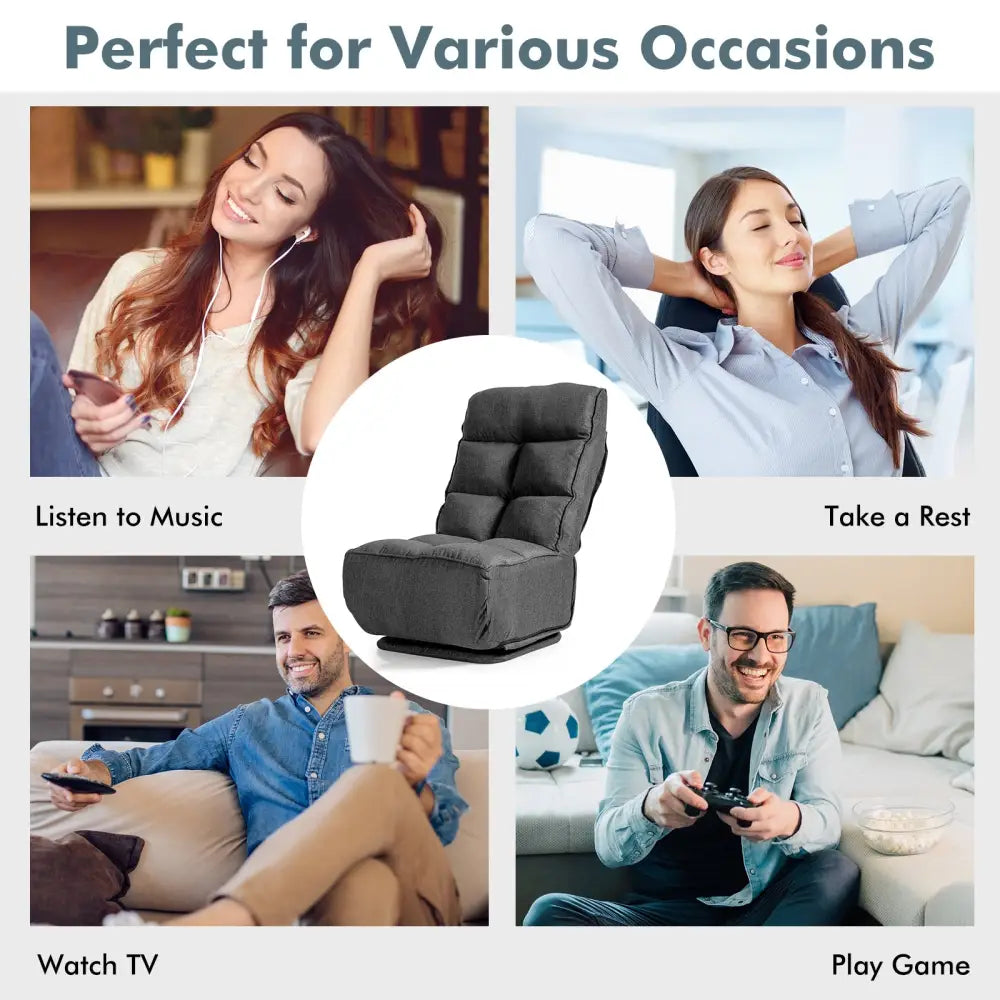 360-Degree Swivel Folding Floor Chair with 6 Adjustable Positions-Gray - Gray - Floor Chairs