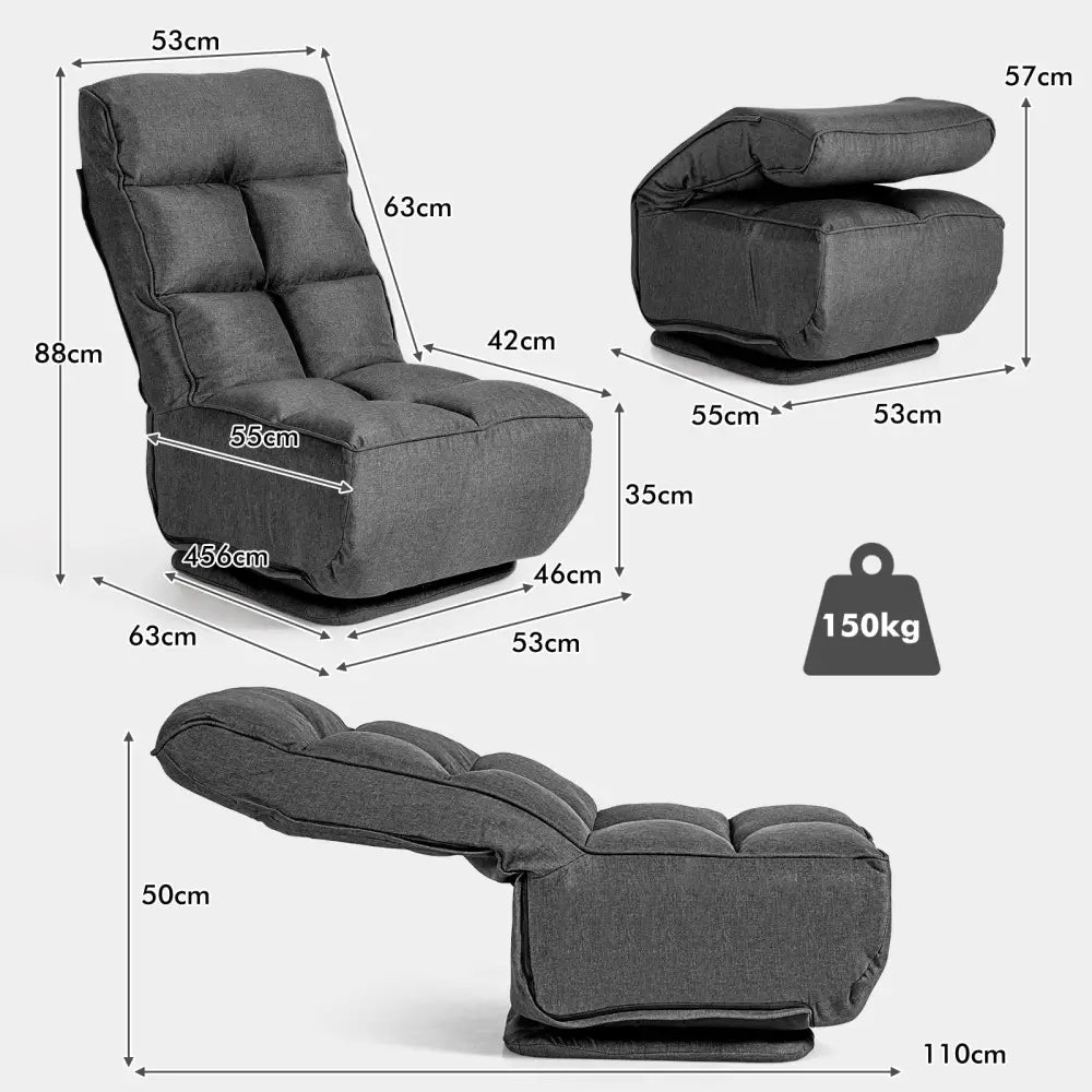 360-Degree Swivel Folding Floor Chair with 6 Adjustable Positions-Gray - Gray - Floor Chairs