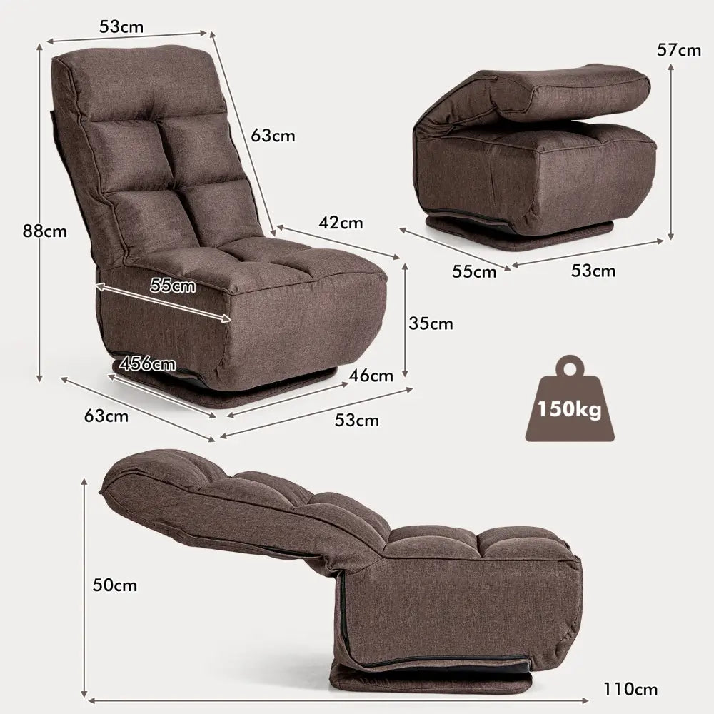 360-Degree Swivel Folding Floor Chair with 6 Adjustable Positions-Coffee - Brown - Floor Chairs