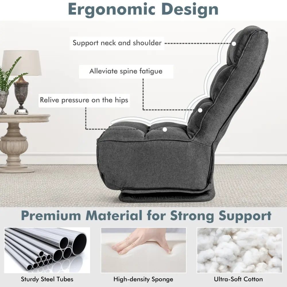 360-Degree Swivel Folding Floor Chair with 6 Adjustable Positions-Gray - Gray - Floor Chairs