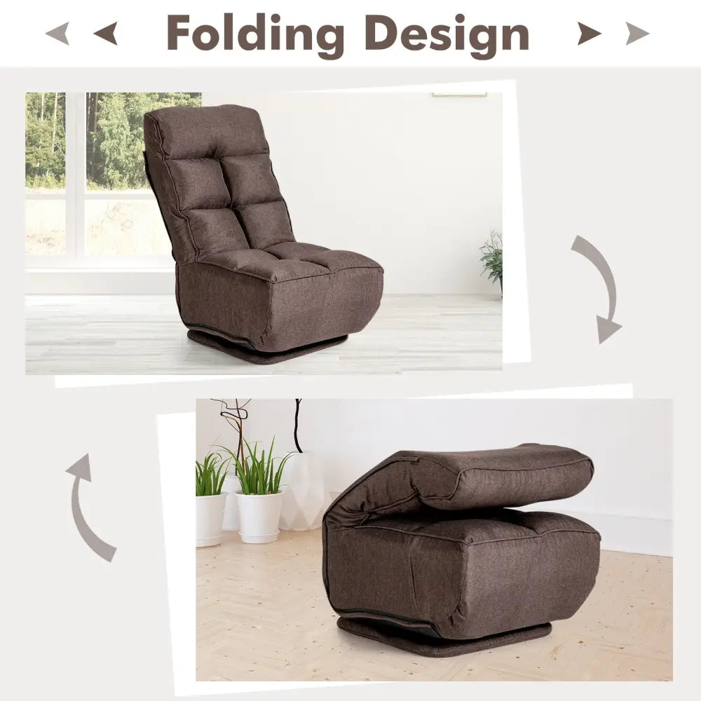 360-Degree Swivel Folding Floor Chair with 6 Adjustable Positions-Coffee - Brown - Floor Chairs