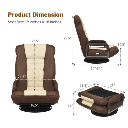 360-Degree Swivel Gaming Floor Chair with Foldable Adjustable Backrest-Brown Costway