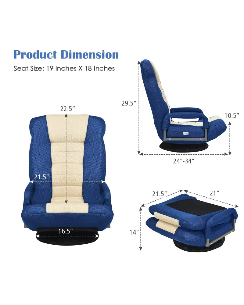 360-Degree Swivel Gaming Floor Chair with Foldable Adjustable Backrest-Blue - Blue - Floor Chairs