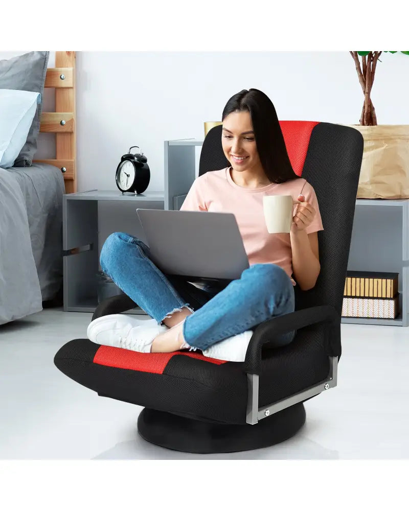 360-Degree Swivel Gaming Floor Chair with Foldable Adjustable Backrest-Red - Red - Floor Chairs