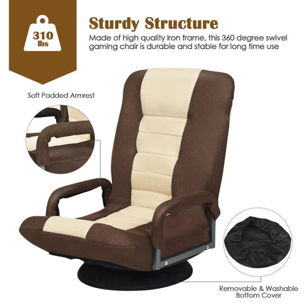 360-Degree Swivel Gaming Floor Chair with Foldable Adjustable Backrest-Brown Costway
