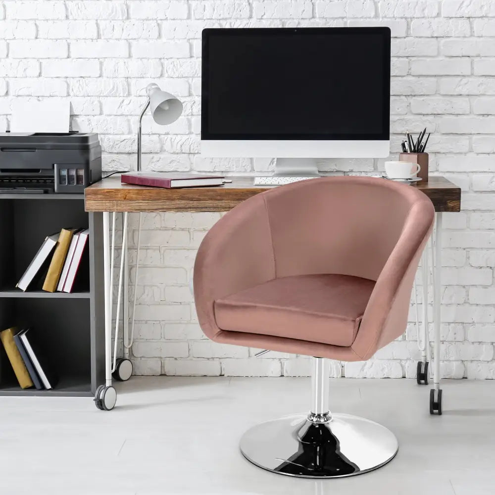 360 Degree Swivel Makeup Stool Accent Chair with Round Back and Metal Base-Pink - Pink - Accent Chairs