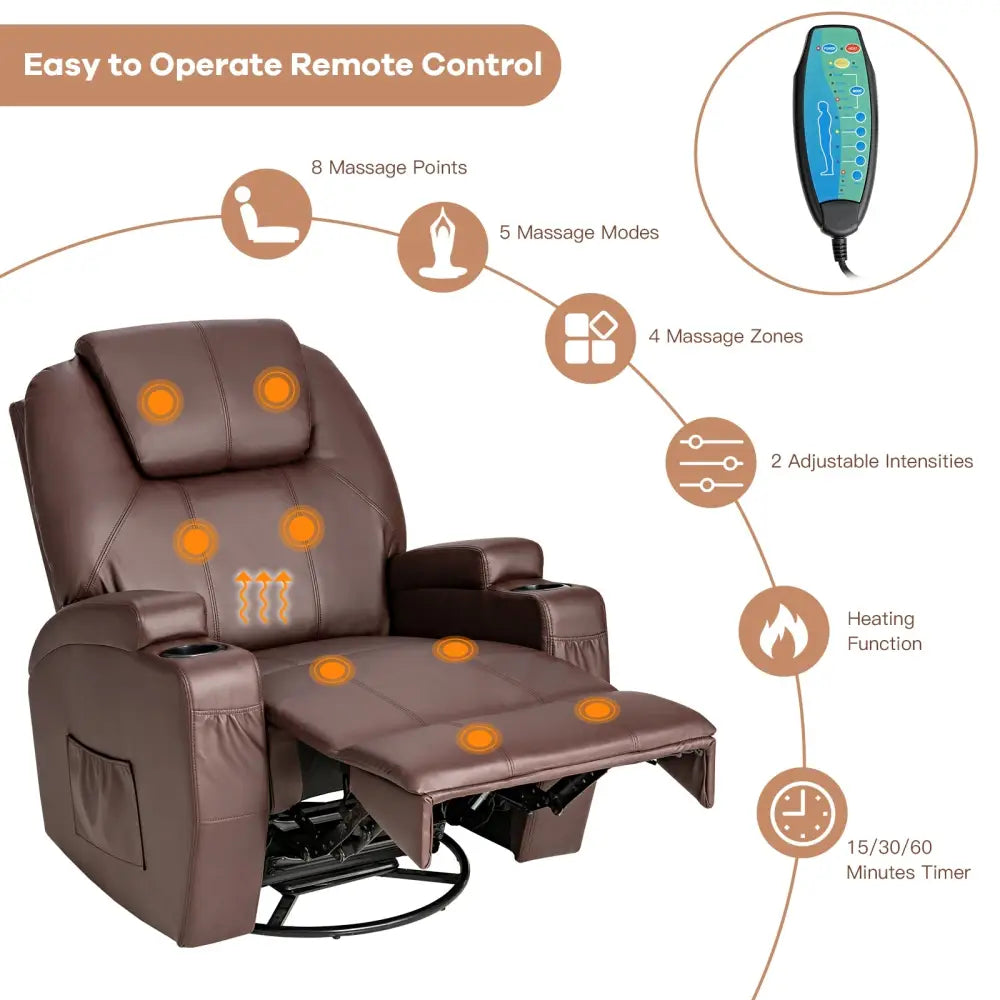 360-Degree Swivel Massage Recliner Chair with Remote Control for Home-Brown - Brown - Recliners