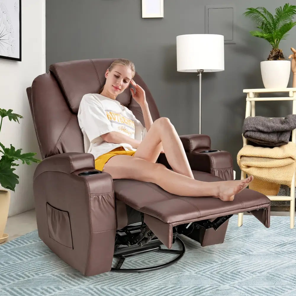 360-Degree Swivel Massage Recliner Chair with Remote Control for Home-Brown - Brown - Recliners