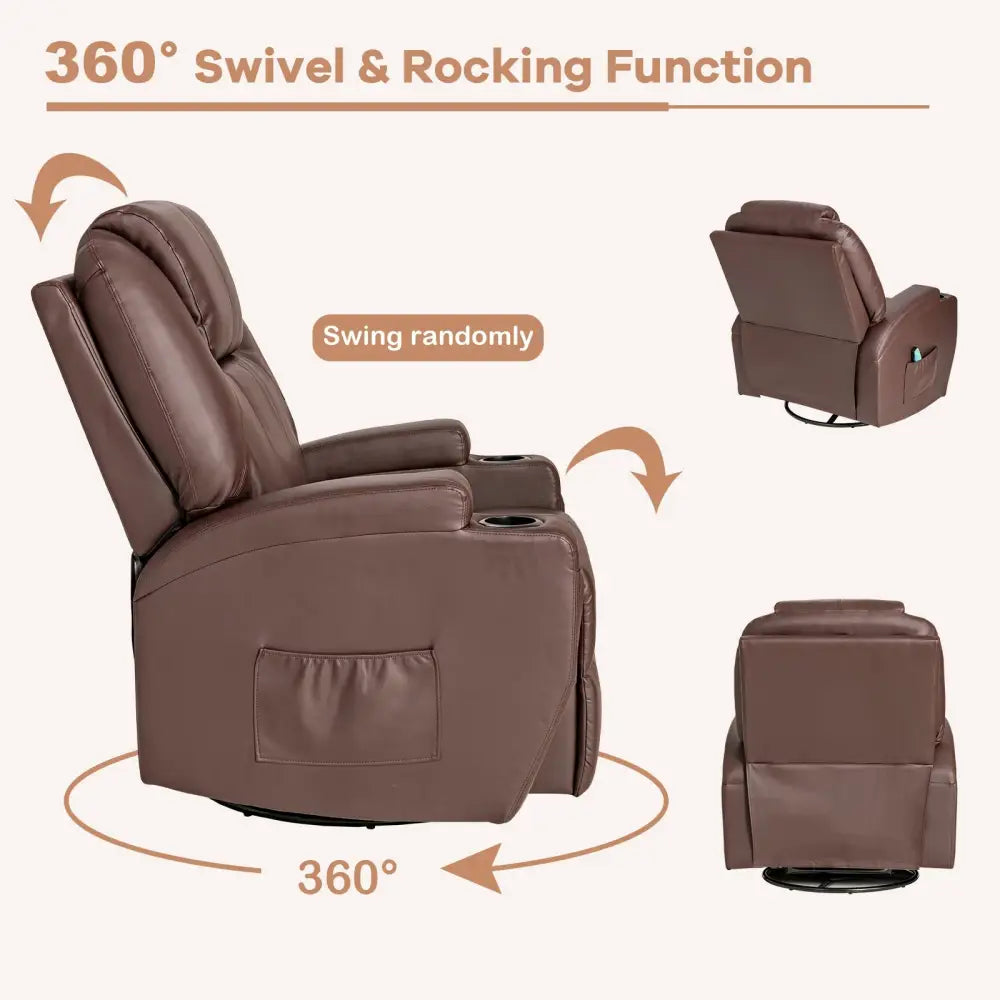 360-Degree Swivel Massage Recliner Chair with Remote Control for Home-Brown - Brown - Recliners