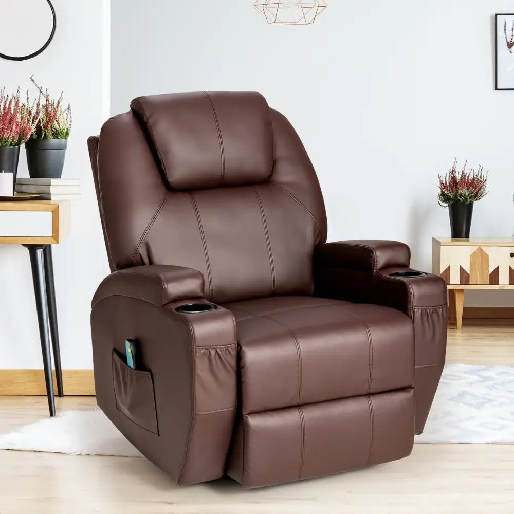 360-Degree Swivel Massage Recliner Chair with Remote Control for Home-Brown - Brown - Recliners