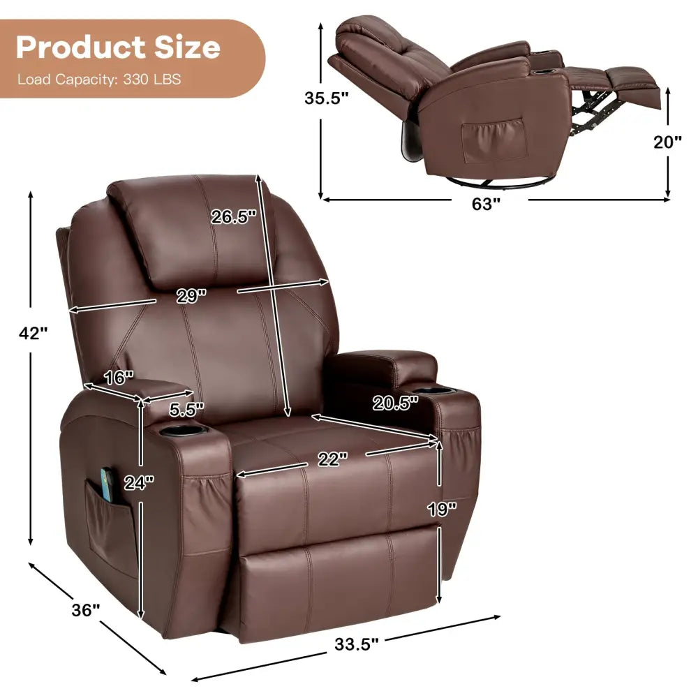 360-Degree Swivel Massage Recliner Chair with Remote Control for Home-Brown - Brown - Recliners