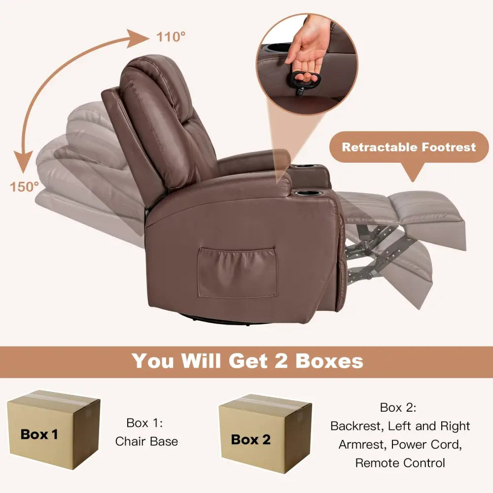 360-Degree Swivel Massage Recliner Chair with Remote Control for Home-Brown - Brown - Recliners