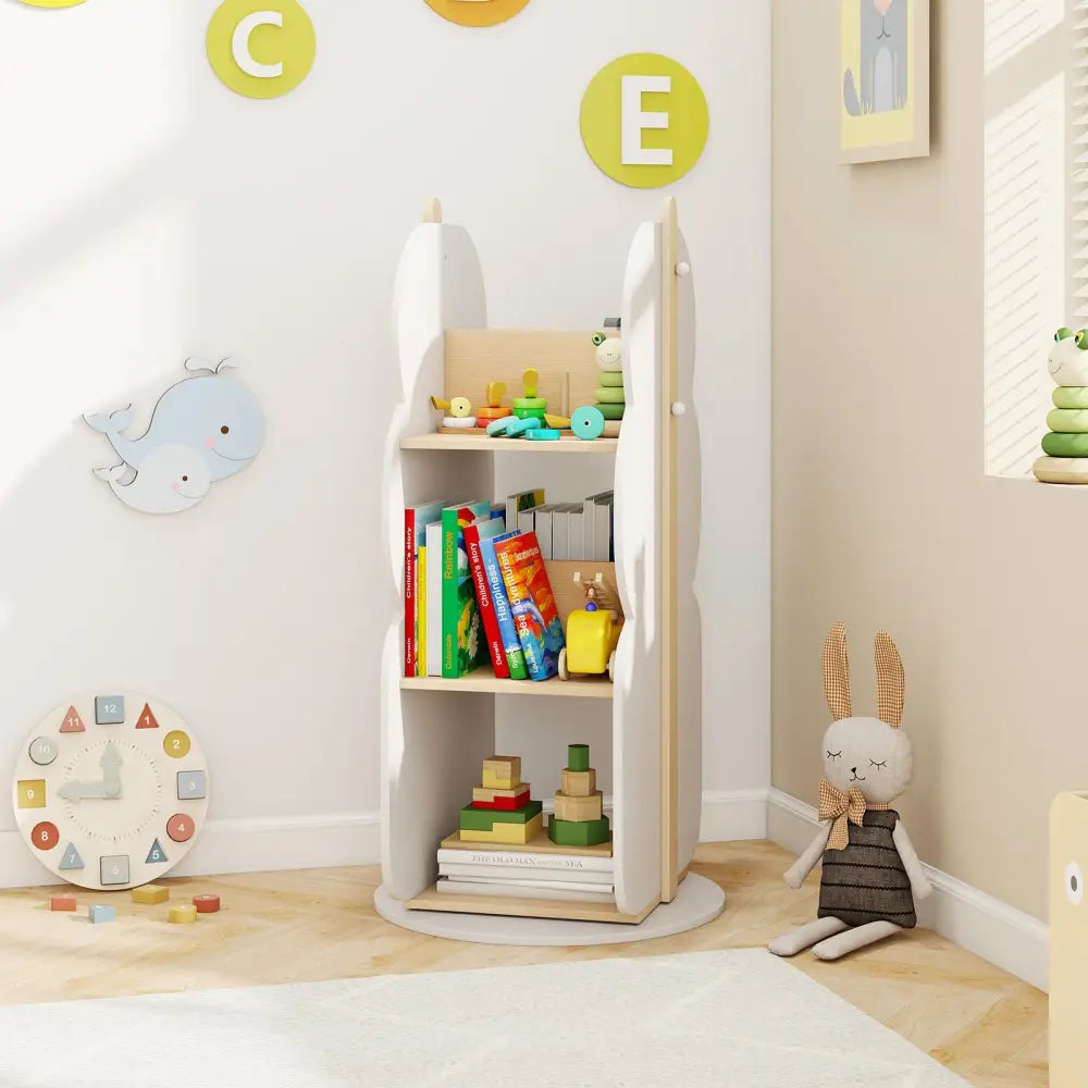 360° Kid’s Rotating Bookshelf Toy Storage Organizer with 5 Shelves-White - White - Kids Storage
