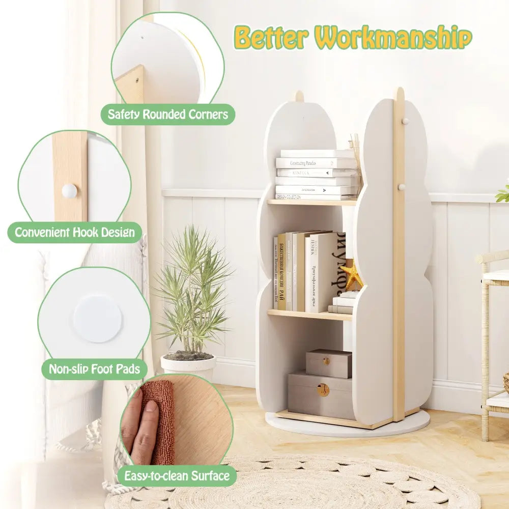 360° Kid’s Rotating Bookshelf Toy Storage Organizer with 5 Shelves-White - White - Kids Storage